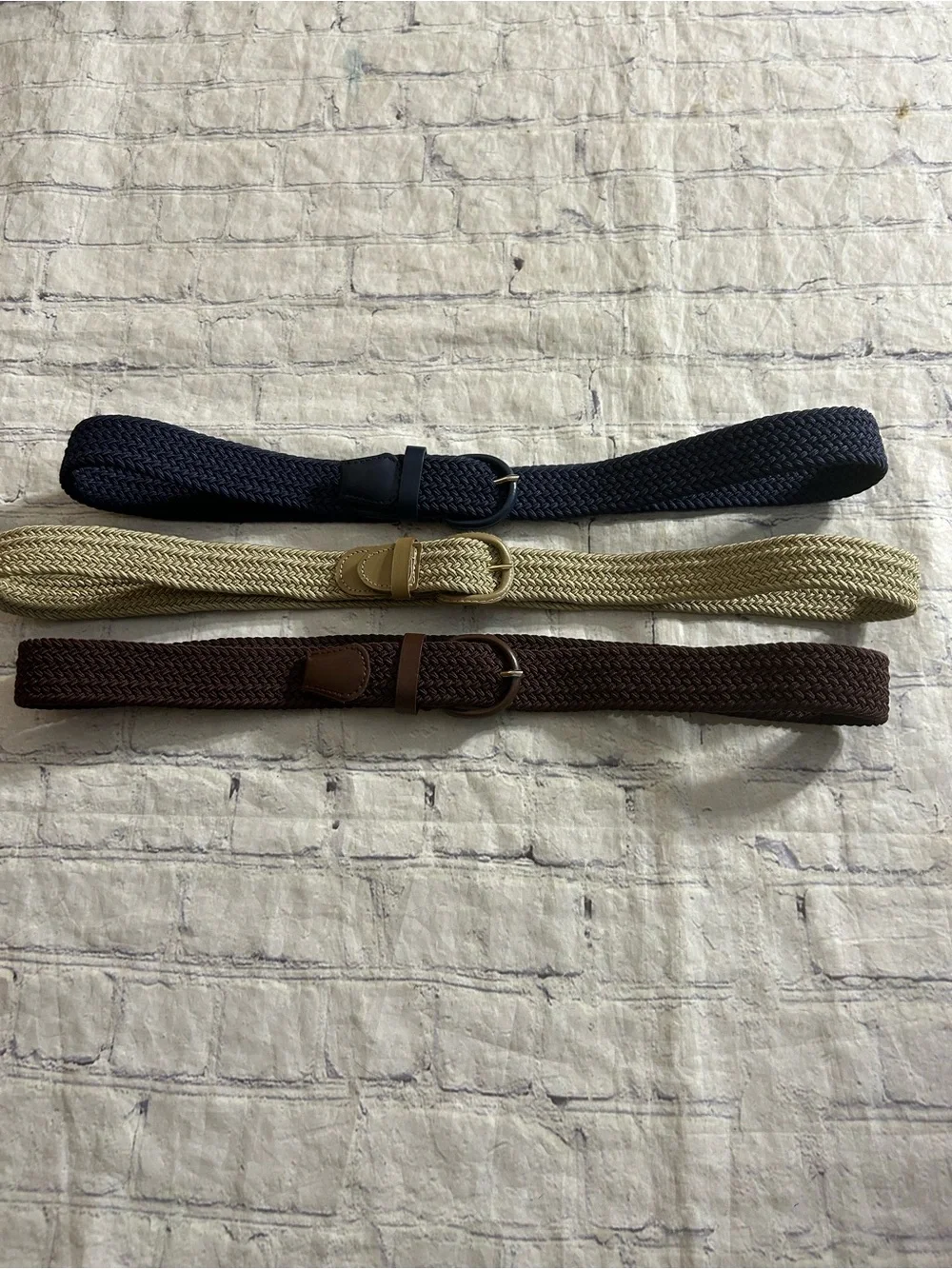 LOT OF (3) VINTAGE MENS STRETCH BELTS NAVY/BROWN/TAN COVERED BUCKLES SIZE LARGE